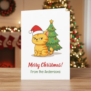 Cartão Gato Tabby Mal-Humorado Árvore de Natal Chapéu Ver