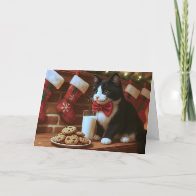 Cartão Gato Tuxedo Esperando pelo Papai Noel (Frente)