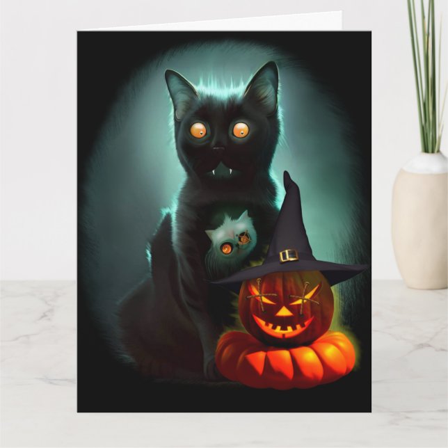 Cartão Gato Vampiro e Abóbora Mágica de Halloween Surreal (Frente)