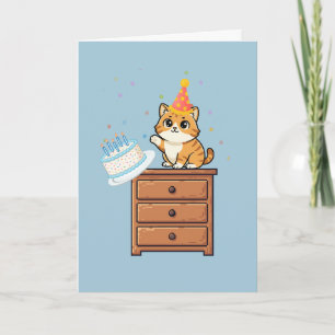 Cartão Gato Vermelho Engraçado Empurrando Bolo de Anivers