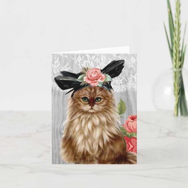 Cartão Gato Vitoriano vestido de Chapéu Notecard (Frente)