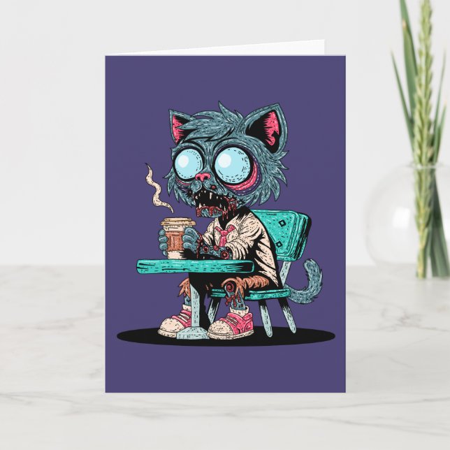 Cartão Gato Zumbi Amante de Café (Frente)