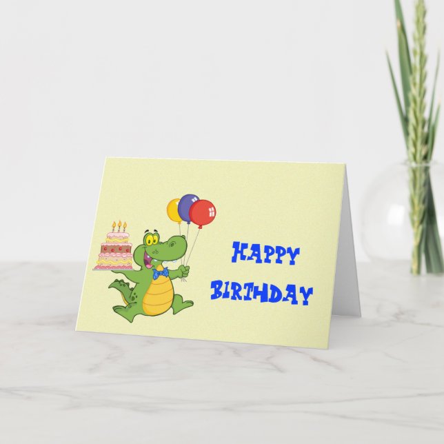 Cartão Gator with Balloons and Cake Kids Birthday Cards (Frente)