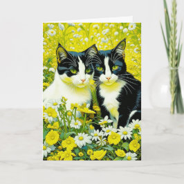 Cartão Gatos Adoráveis sentados em Daisies Feliz Aniversá