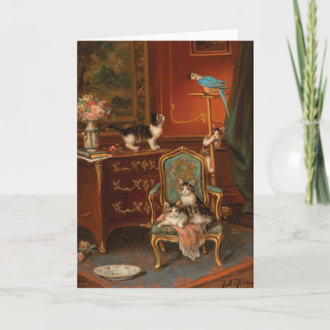 Cartão Gatos Brincando com Papagaio | Jules Le Roy (Frente)