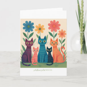 Cartão Gatos Coloridos Retrô em Jardim de Flores – Capric