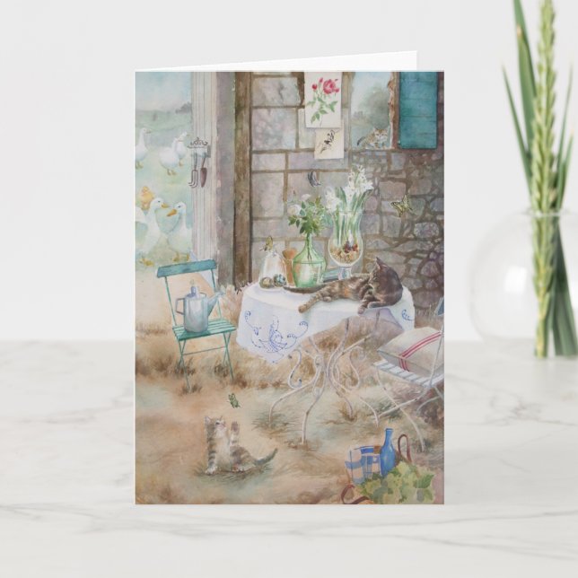 Cartão Gatos de Aquarela na pintura de Fazenda (Frente)