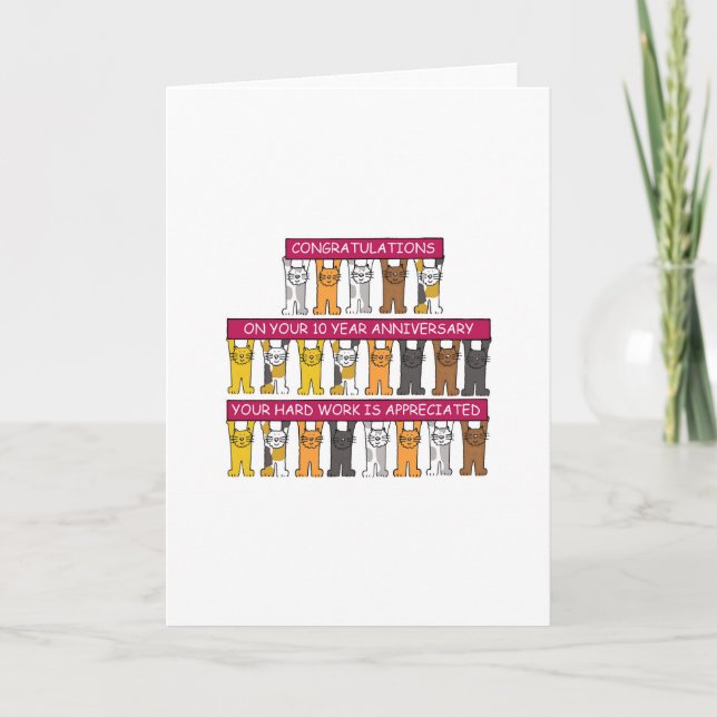 Cartão Gatos de Cartoon do Aniversário do Trabalho de 10  (Frente)