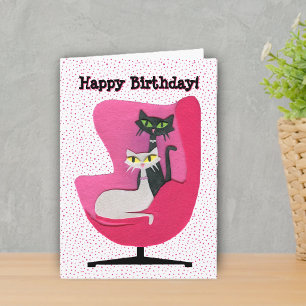 Cartão Gatos de Feliz Aniversário de Meados do Século em