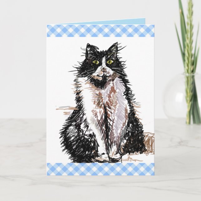 Cartão Gatos de Gato Tuxedo Desenho Preto e Branco (Frente)