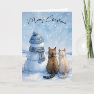 Cartão Gatos de Natal Sentados com um Boneco de Neve em u