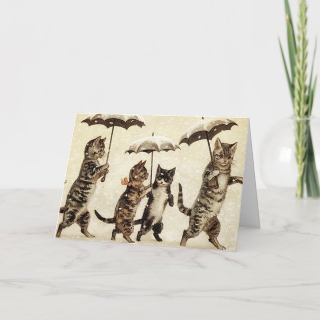 Cartão Gatos do vintage que andam na neve (Frente)
