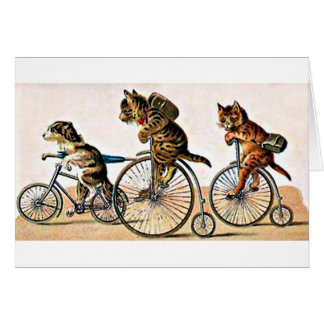 Cartão Gatos e cão do vintage em uma bicicleta