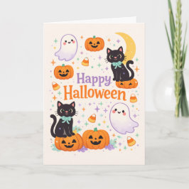 Cartão Gatos Fantasmas Aboboras Halloween Amigáveis