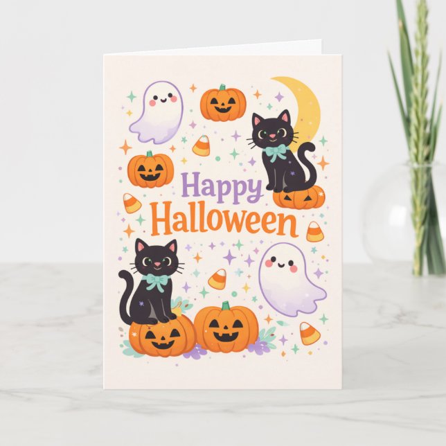Cartão Gatos Fantasmas Aboboras Halloween Amigáveis (Frente)