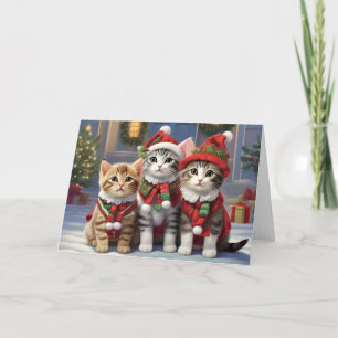 Cartão Gatos Fofos Com Chapéus de Papai Noel