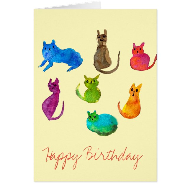 Cartão Gatos loucos coloridos em aquarela (Frente)