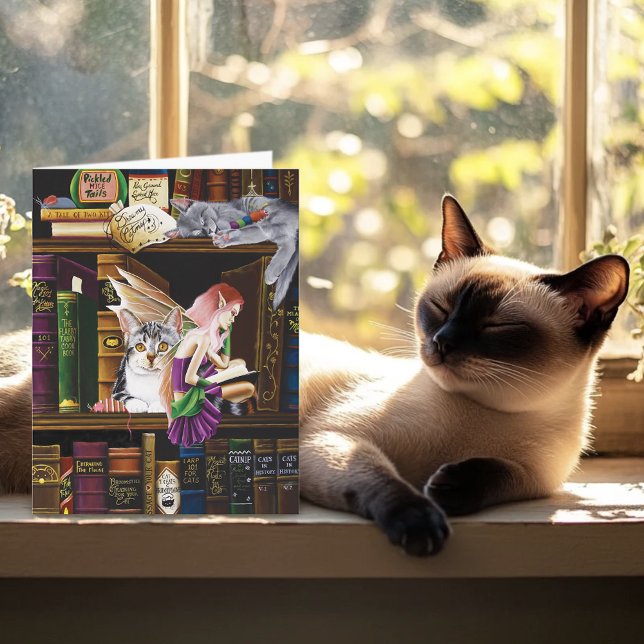 Cartão Gatos Mágicos Fadas Biblioteca Encantada Livros (Criador carregado)