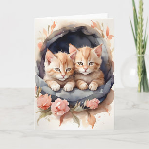 Cartão Gatos Malhados em Aquarela Irmãos Flores Branco