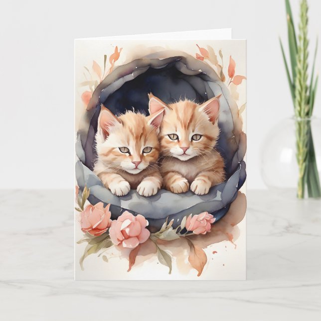 Cartão Gatos Malhados em Aquarela Irmãos Flores Em Branco (Frente)
