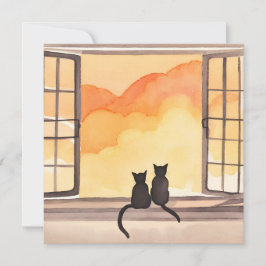 Cartão Gatos na Janela | Silhueta de Aquarela do Pôr do S
