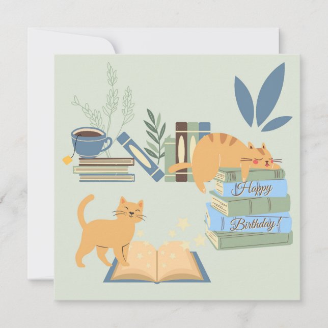 Cartão Gatos nos Livros de Aniversário (Frente)