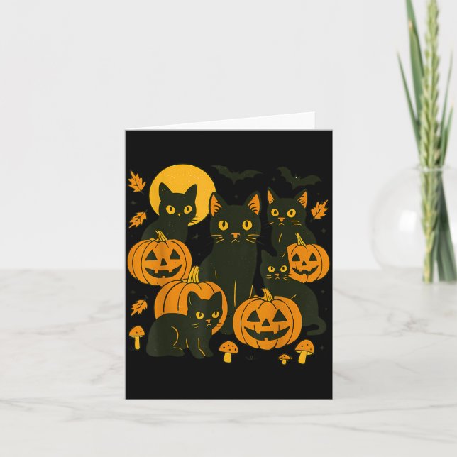 Cartão Gatos Pretos Com Jack O Lanterns Lua E Morcegos (Frente)