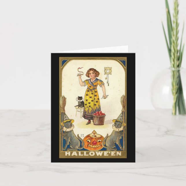 Cartão Gatos Pretos de Halloween Abóbora Bruxa Vintage (Frente)