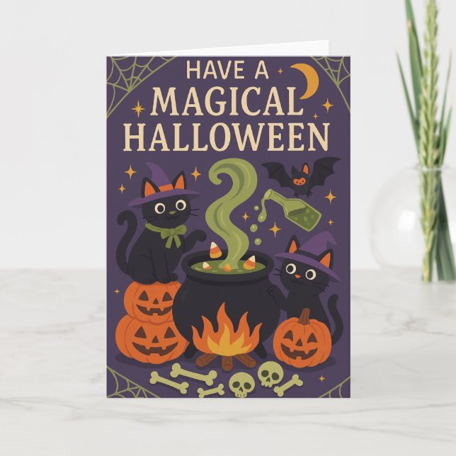 Cartão Gatos Pretos Fofos Halloween Assustador (Frente)