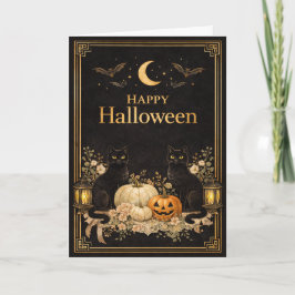 Cartão Gatos Pretos Luxuosos Art Deco Halloween