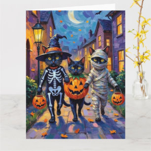 Cartão Gatos Pretos Pedindo Doces em Fantasias de Hallowe