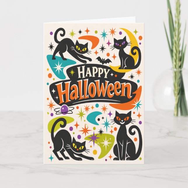 Cartão Gatos Pretos Retrô no Halloween (Frente)