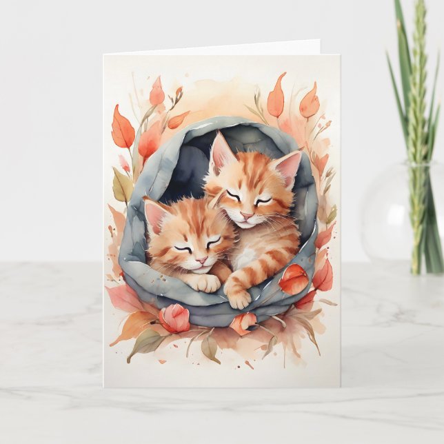 Cartão Gatos Tabby de Aquarela Dormindo Flores Branco (Frente)