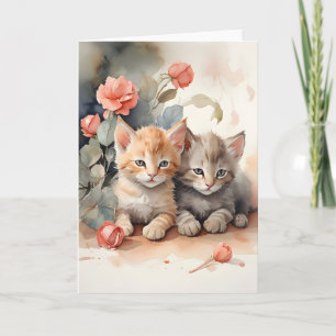 Cartão Gatos Tabby em Aquarela Abraçando Flores Fundo