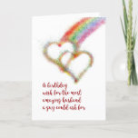 Cartão Gay Birthday Wish for Husband, Rainbow, Hearts<br><div class="desc">Wish your mate,  the most amazing husband a guy could ask for,  a happy birthday with this lgbt colorful greeting card that has a bright airbrush effect image of two interlocking hearts,  which have formed at the end of a rainbow.</div>