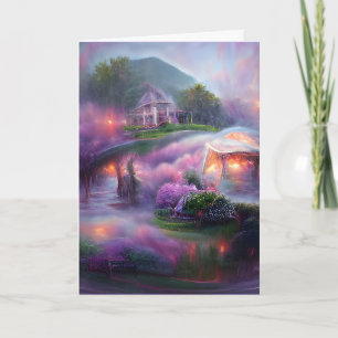 Cartão Gazebo Brilhante Wisteria roxa tênue no lago