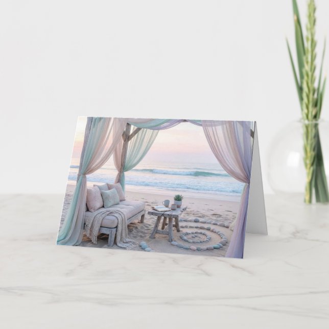 Cartão Gazebo de Praia de Aniversário com Sofá (Frente)