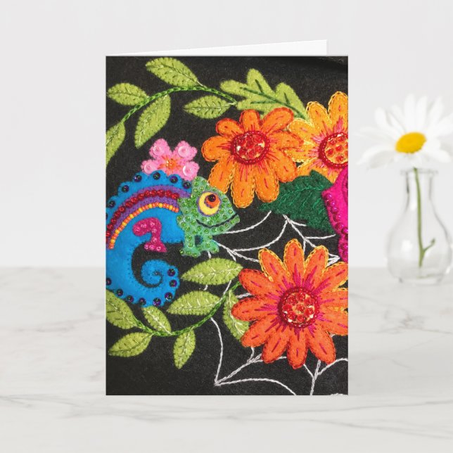 Cartão Gecko Lizard Stitched Felt Beads Sequins (Planta pequena)