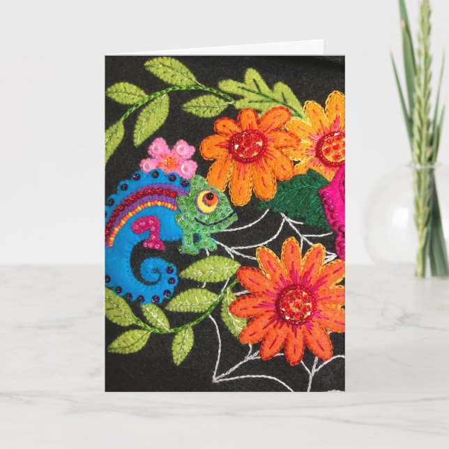 Cartão Gecko Lizard Stitched Felt Birthday (Frente)