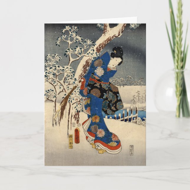 Cartão Geisya Japonês em Neve, Toyokuni, Ukiyo-e (Frente)