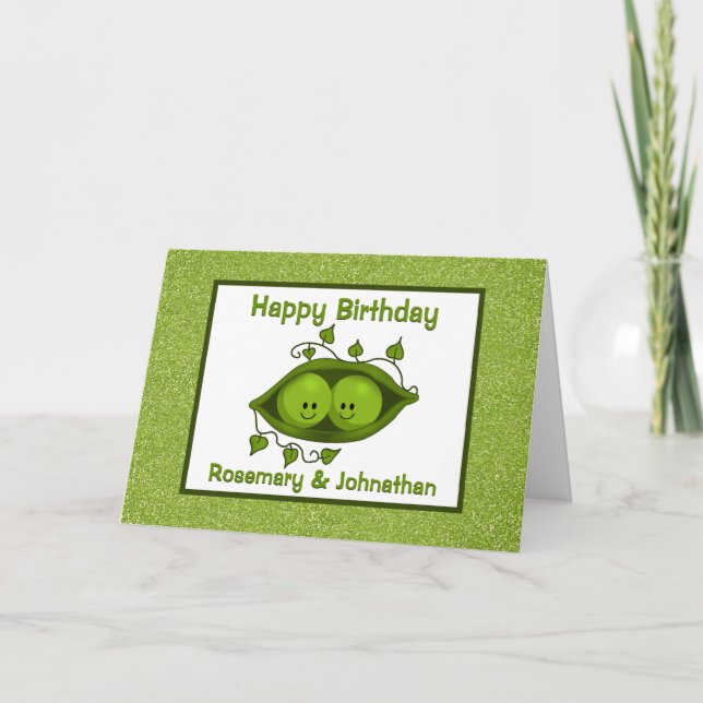 Cartão Gêmeos Aniversário, Duas Ervilhas Num Pod Personal (Frente)