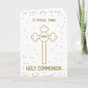 Cartão Gêmeos Primeira Santa Comunhão Dourada Cruz