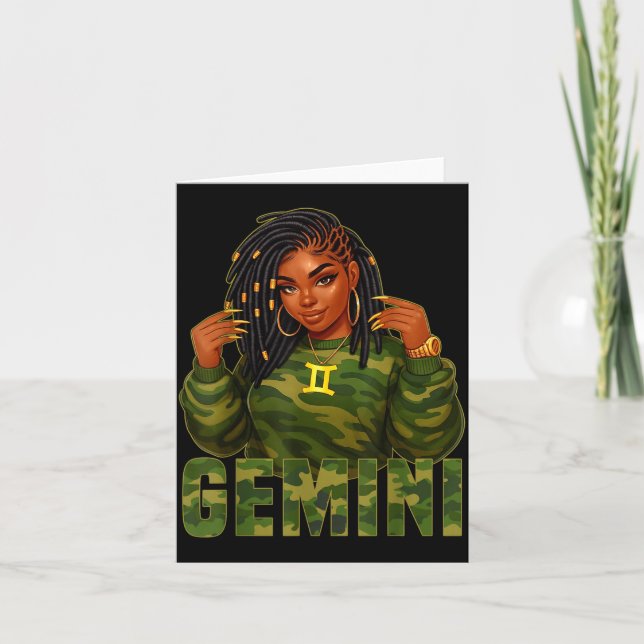 Cartão Gemini Queen Loc'd Black Woman Camo Zodiac Sign  (Frente)
