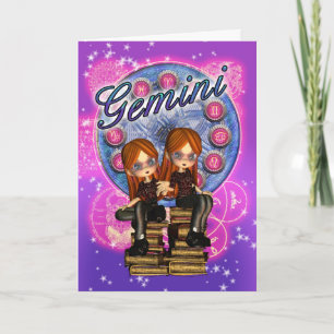 Cartão Gemini Zodiac Cute Card Com Garotas Gêmeas No Anti