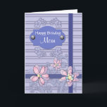 Cartão Generic Happy Birthday set up for Mom Gift Tag<br><div class="desc">A simulated gift tag wishes the recipient a Happy Birthday. The wish package is tied with purple ribbon and floral decorations. You can change the recipient name and the text within.</div>