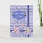 Cartão Generic Happy Birthday set up for Mom Gift Tag<br><div class="desc">A simulated gift tag wishes the recipient a Happy Birthday. The wish package is tied with purple ribbon and floral decorations. You can change the recipient name and the text within.</div>