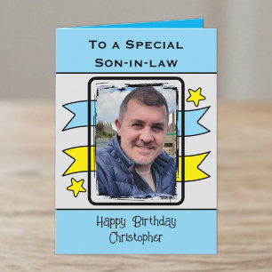 Cartão Genro especial na foto azul e amarelo de aniversár