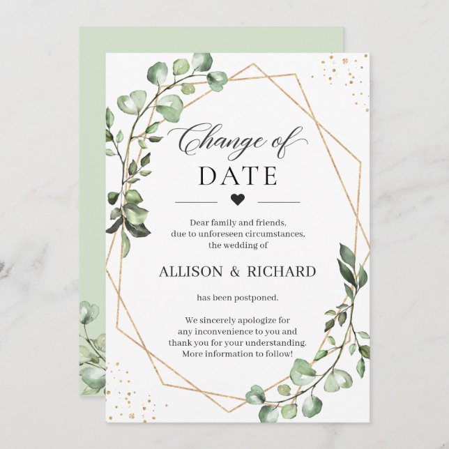 Cartão Geométrico de Eucalipto com Mudança de Data (Frente/Verso)