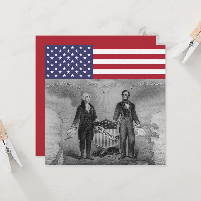 Cartão George Washington Abraham Lincoln American Flag (Frente/Verso In Situ)