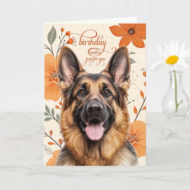 Cartão German Shepherd Bold Retro Orange Flowers Birthday (Planta pequena)